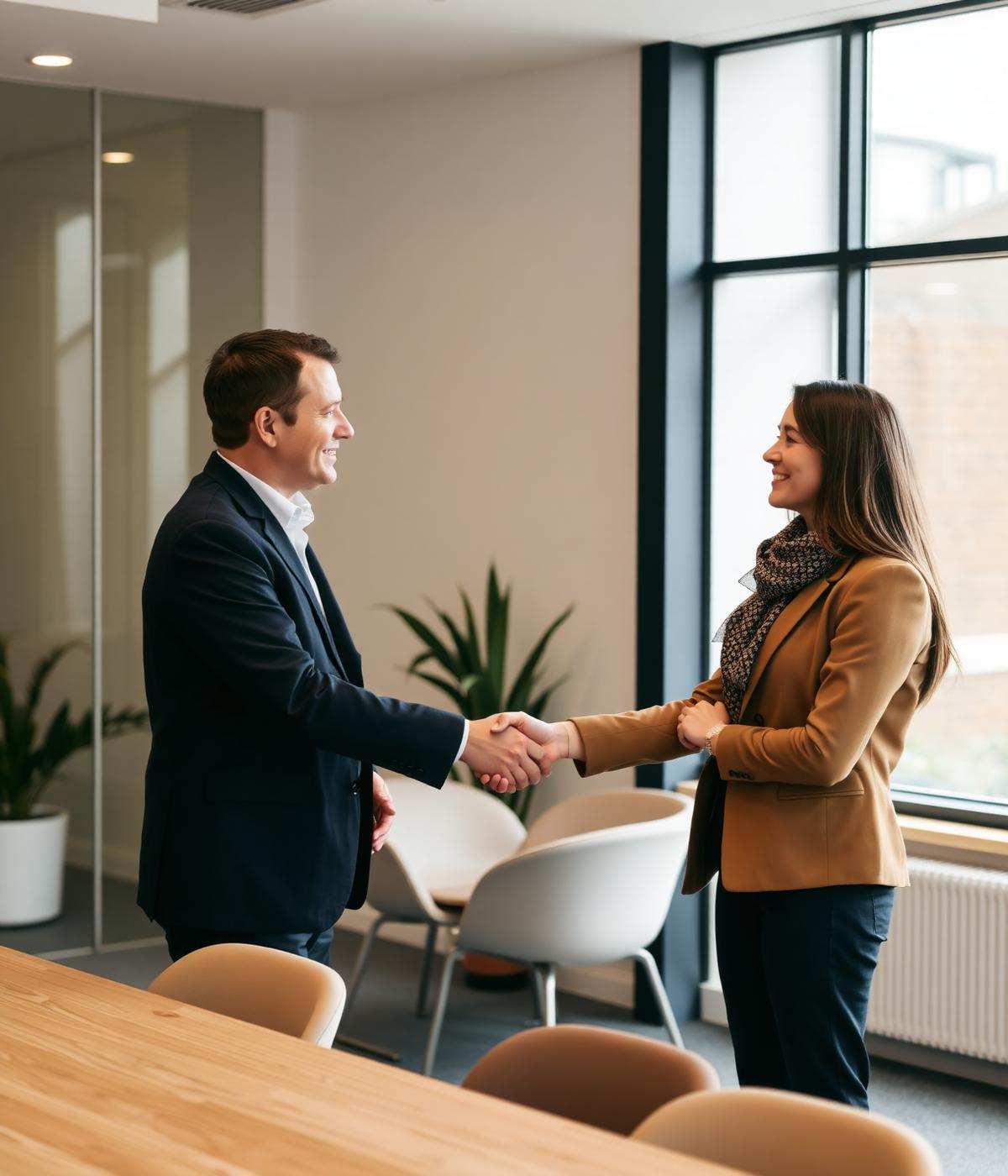 Two professionals shaking hands in a modern UK office